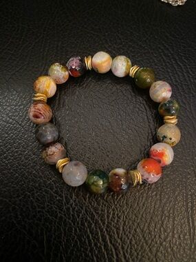 Multicolor Agate Bead Stretch Bracelet with Gold Accents